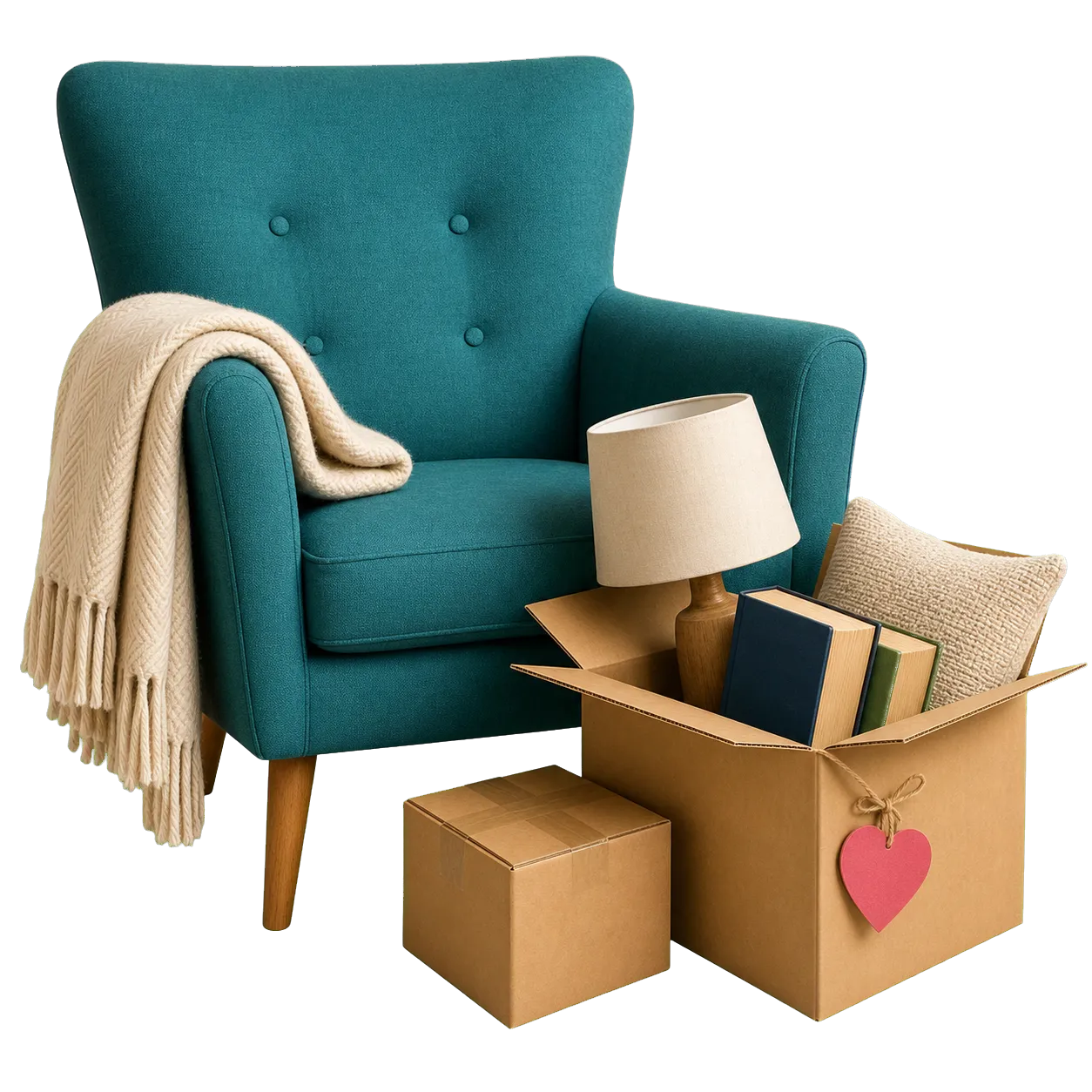 Armchair and reusable household items ready for charity collection